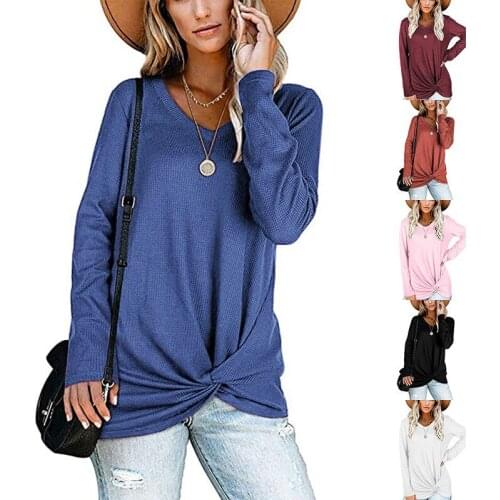 Autumn And Winter 2021 New European and American Womens Waffle V-Neck Twisted Long-Sleeved T-Shirt Top Knitwear