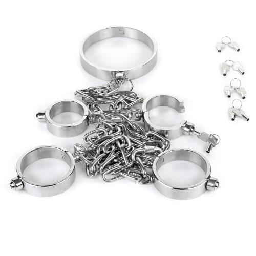 Slave Collar Hand Ankle Cuffs Stainless Steel Leg Irons Chain Handcuffs Adult Sex Games Bondage Restraints BDSM Torture Tools