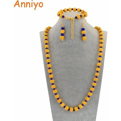 Anniyo 77cm Beads Necklace and 23cm Ball Bracelets Earrings for Women African Gold Color Rosary Beads Jewelry Party sets #124806