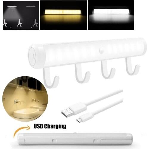 PIR Motion Sensor USB Rechargeable LED Closet Light Under Cabinet Wardrobe Night Light Safety Lamp with Hook Dorm White Lamp