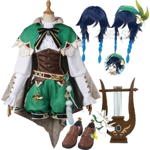 2021 Game Genshin Impact Cosplay Anime Wig Accessories Project VENTI Costume Womens Cloak Shirt Pants Socks Lolita Shoes harp