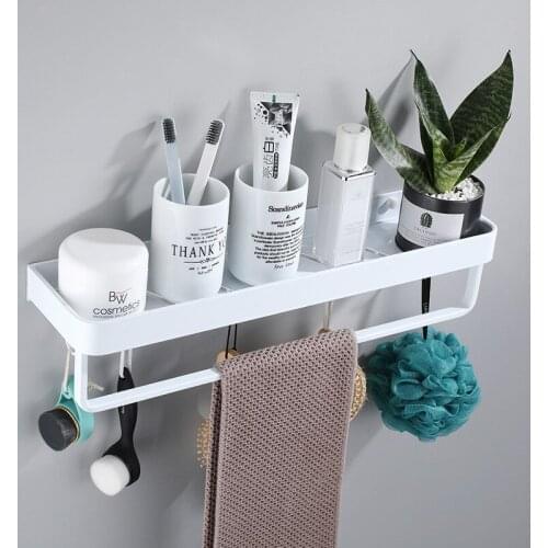 Bathroom Shelf Bath Shower Shelf With Towel Bar White Corner shelf 30-50CM Wall Mounted Black Aluminum Kitchen Storage holder