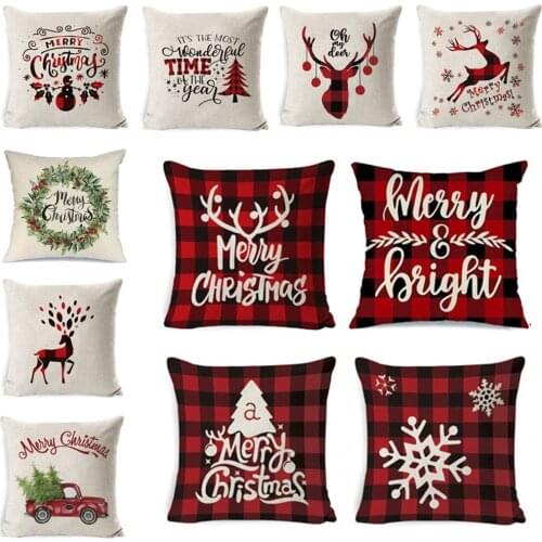 Merry Christmas Decorations Throw Pillows Sofa Cushions Cover Linen Pillow Cases Home Decor Elk Red Truck Printed Seat Covers