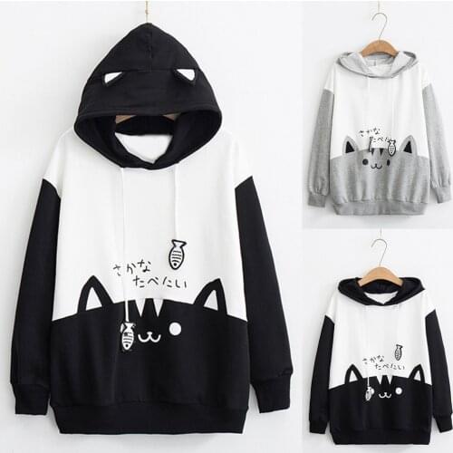 SAGACE Womens Hoodie Women Cute Funny Fish printing Hoodies Long Sleeve Kitty Cat Print Pocket Thin Hoodie Blouse Top Shirt