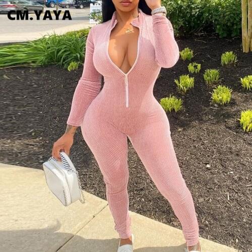 CM.YAYA Women Jumpsuits Solid Skinny Soft Rompers for Ladies Casual One Piece Overalls Joggers Sportswear Autumn Outfits 2021