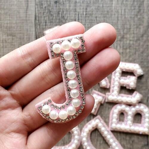 1Pcs English Letter Iron on Patch A-Z Pink Pearl Rhinestone Patches For Clothing Applique Clothes Sticker DIY Name Shoes Dresses