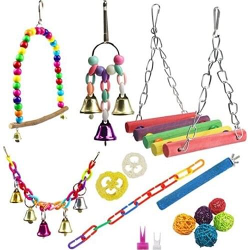 15Pcs Natural Wood Bird Parrot Hanging Bell Cage Toys Hammock Swing Chewing Ball