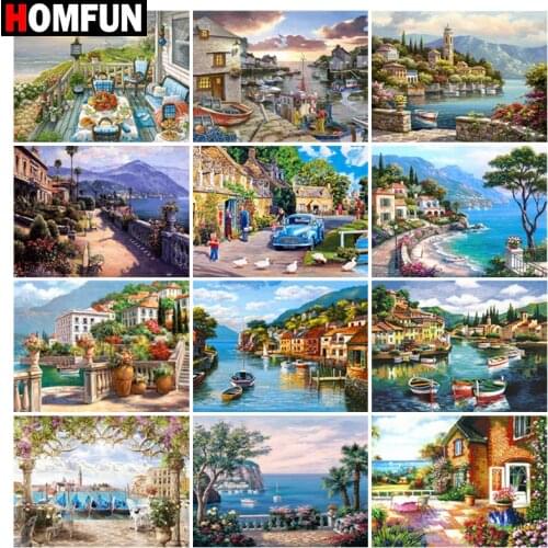 HOMFUN Diamond Painting Cross Stitch "Lake house garden" Full Square Round Diy 5d Diamond Embroidery Picture Rhinestone Art