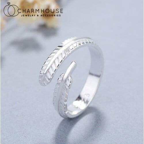 Pure Silver 925 Finger Rings For Women Feather Open Ring Adjustable Bague Femme Anillos Wedding Jewelry Accesories Best Gifts