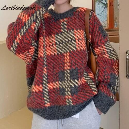 Loribindwood Spring and Autumn New Color Contrast Design Thick Knit Sweater Tops Women Korean Lazy Style Sub-sweater pullover