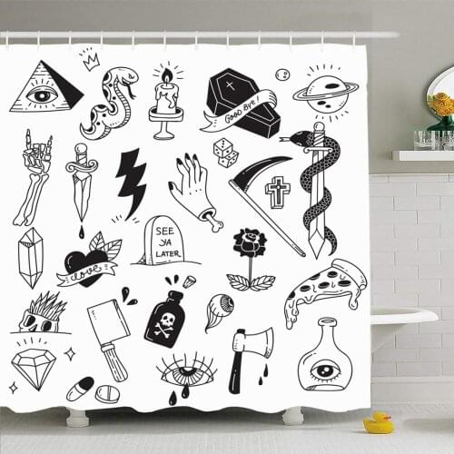 Shower Curtain Set with Hooks 72x72 Various Tattoo Element Doodle Pyramid Isolated Axe On Sticker Signs Style Symbols White