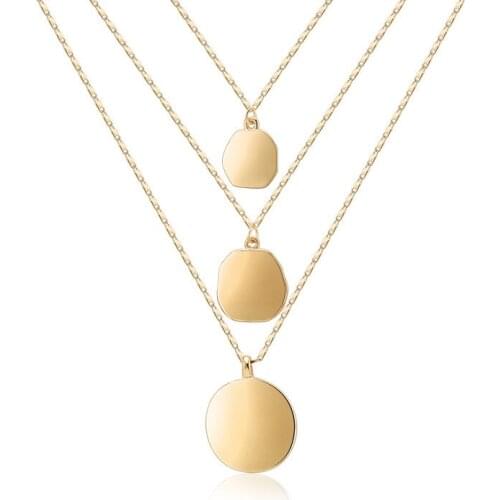 ORNAPEADIA New Round Glossy Coin Pendant Necklace with Multi-layered Chain Adjustable Necklace for Women Stainless Steel Jewelry