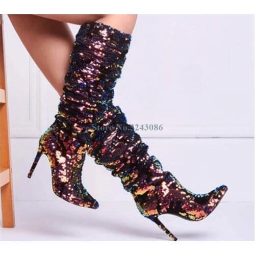 Bling Bling Sequined Thin High Heel Boots Shining Paillette Pleated Mid Calf Boots Colorful Fashion Sparkling Nigh Club Shoes
