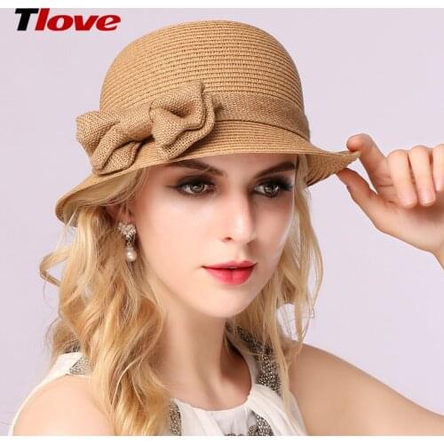 Female British Straw Sun Hat Adult Summer Sun Cap Girls Bowknot Sun Cap Foldable Students Outside Travel Cap B-7655