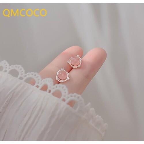 QMCOCO 925 Silver Korean Version Sweet Cute Strawberry Crystal Creative Design Simple Planet Earrings For Women Fine Jewelry