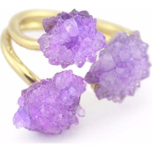Druzy Natural Stone Ring Crystal Green Amethysts Purple Rose Color Wedding Finger Crystal Ring Jewelry for Women Free Shipping
