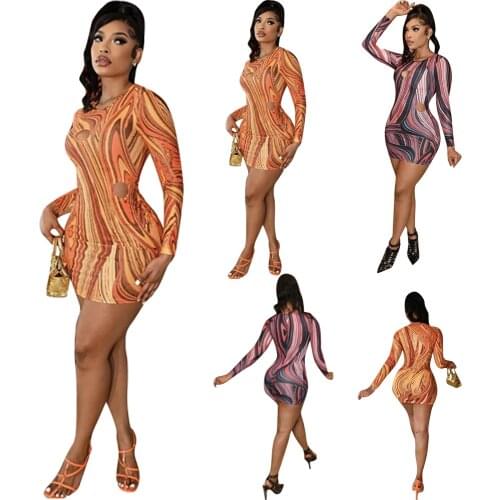 RStylish Elegant Sexy 2021 Summer Fashion Print Long Sleeve O Neck Hollow Out Hole Night Party Women Bodycon Mini Dress
