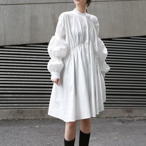 Irregular Ruched White Shirt Dress For Women Stand Collar Puff Sleeve High Waist Side Split Elegant Dresses Female 2020 New K905