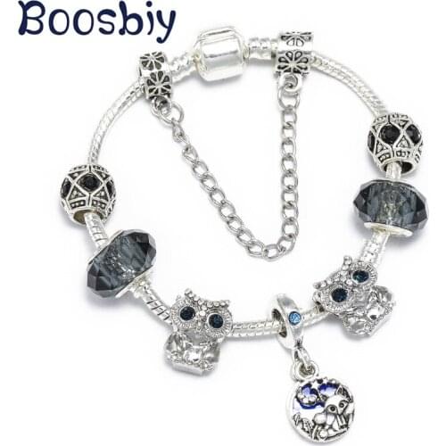 Boosbiy High Quality Cute Crystal Owl Charms Beads DIY Fashion Brand Charm Bracelet For Women Cartoon Jewelry Gift