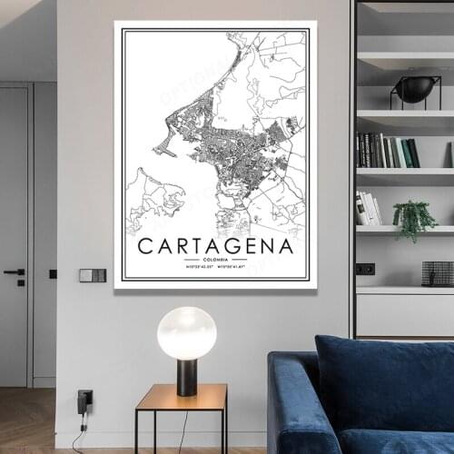 Black And White World City Map CARTAGENA Wall Art Canvas Poster Prints Nordic Style Paintings Picture For Living Room