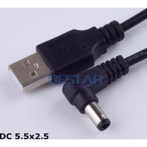 Black DC power plug USB convert to 5.5*2.5mm/DC 5525 L Shape Jack 5.5 mm x 2.5 mm 5.5x2.5mm Elbow right angle charging cable 1m