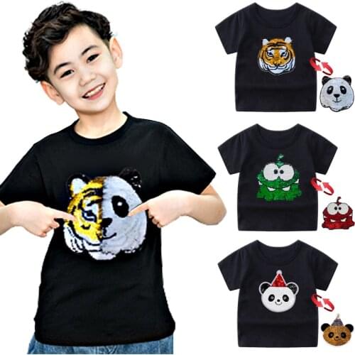 Panda Tiger Dinosaur Sequin Children T Shirt for Boys Tshirts Kids T Shirt Cartoon Print Summer Tops T-shirts for Baby Clothes