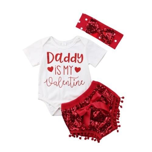 Baby Valentines Day Clothes Girls Set Print Letter Daddy Short Sleeve Tops Romper Polka Dot Tutu Shorts Outfits 0-24M