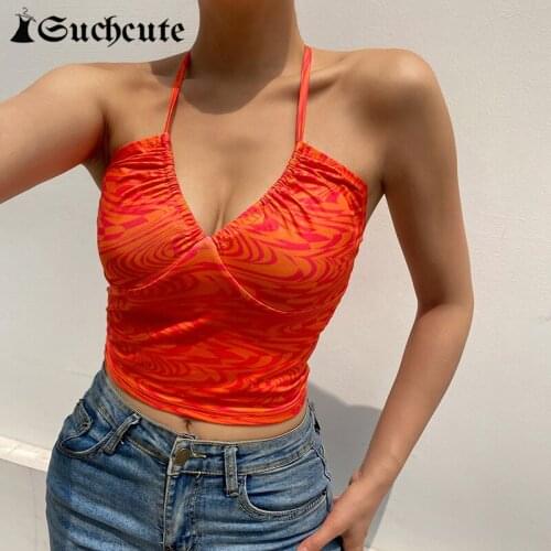 SUCHCUTE Summer y2k Aesthetic Printed Beach Holiday Camisole Women Cute Halter Crop Tops Party Clubwear Skinny Corset Tops