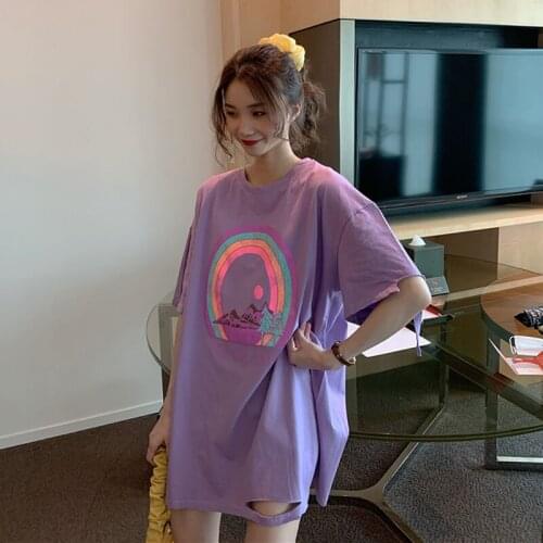 Womens T-shirts Tops Japanese Kawaii Ulzzang Loose Ins Broken Rainbow Print T-shirt Female Korean Harajuku Clothes For Women