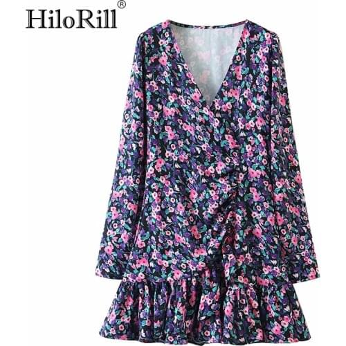 HiloRill Lady V Neck Mini Dress Long Sleeve Boho Floral Print Dresses For Women Beach Pleated Sundress 2021 Autumn Spring S-L