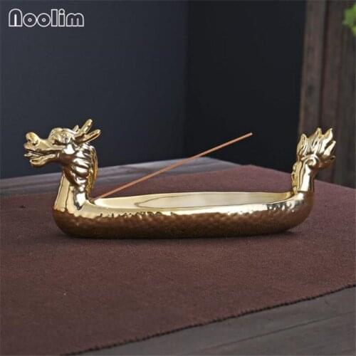 Gold Plating Dragon Boat Incense Stick Burner Ceramic Incense Holder Aroma Censer Use For Temple Home Zen Supplies