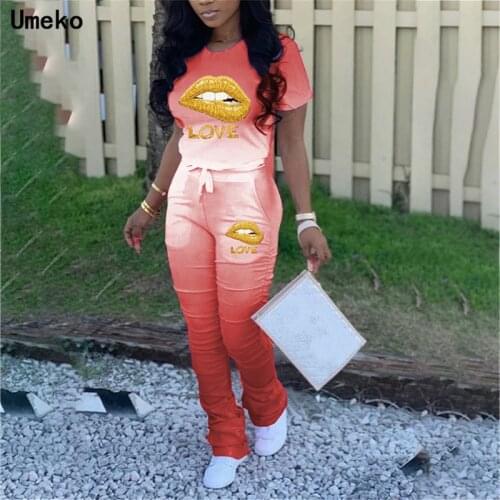 Umeko Women 2021 Autumn Fashion Gradient Love Lips Print Tshirts Jogger Pant Suit Two Piece Set Sport Tracksuit Outfit Matching