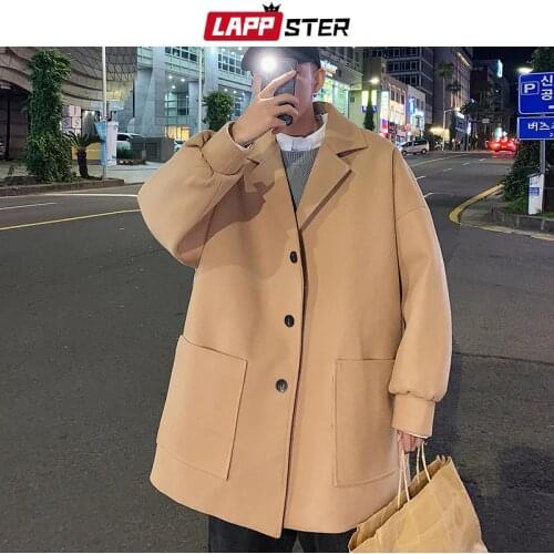 LAPPSTER Men Korean Fashions Wool Trench Coat 2020 Overcoat Mens Japanese Streetwear Winter Coat Harajuku Khaki Jackets Coats