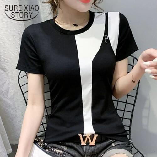 2020 Summer New Short Sleeve Round Neck Spliced Cotton Blouse Women Thin Fashion White & Black Blouse Chemisier Femme 9208 50