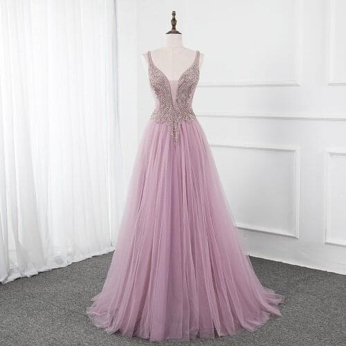 Newest Collection 2020 Light Violet Tulle Prom Dresses Long Straps Rhinestones Sexy Backless Evening Party Dress Custom Made