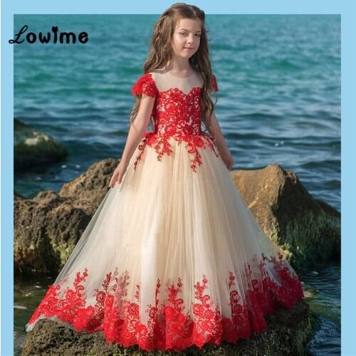 2018 New Red Lace Dress For Girl Kids Flower Girl Dresses Vestido Daminha Pageant Dresses Short Sleeves First Communion Dress