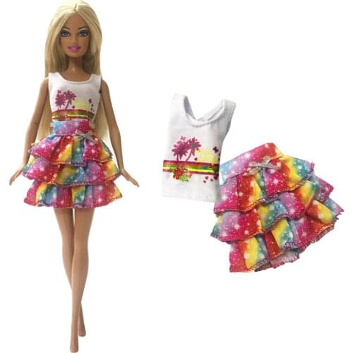 1 Set Doll Dress Fashion Tree Pattern Shirt Colourful Skirt Short Summer Outfit for Barbie Doll Accessories Kids Gift Toy