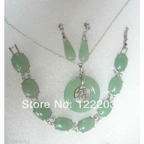 Genuine green seton Necklace ,Bracelet,Earring set Chinese characters blessing