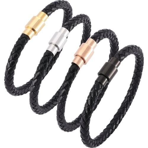 Simple Bracelet Of Men Black Genuine Leather Braided Bracelet Charm Magnetic Clasp Bangles Women Jewelry Gift BB0038