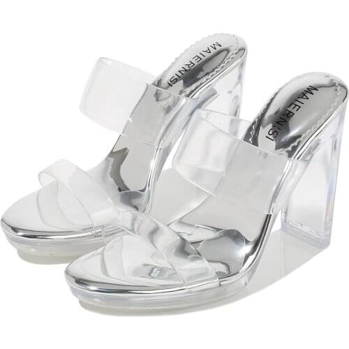 Sexy Open Toe Crystal Square Heel Sandals Casual Temperament Office Party Ladies Pumps Shoes Transparent Women High Heels