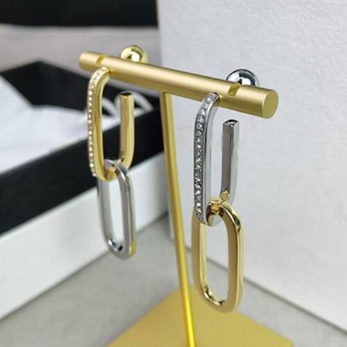 Pure 925 sterling silver new popular brand ladies personality square stud earrings gold double ring design luxury party jewelry