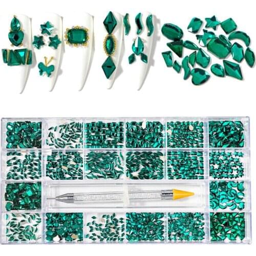 Mixed Nail Art Crystals ( charms, gems, rhinestones) 1Box 20shapes Crystal Flatback Rhinestones 3D Nail Glass 1000Pcs/Box