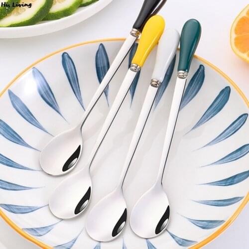 16/18cm Coffee Stirring Spoon Ceramic Long Handle Brilliant Ice Cream Teaspoon Black Dessert Spoon Stainless Steel Tableware