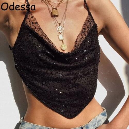 Odessa Black Off Shoulder Low Cut Sexy Crop Tops Women Khaki Backless Party Tank Tops Ladies Sequins Camis Spring Summer 2021