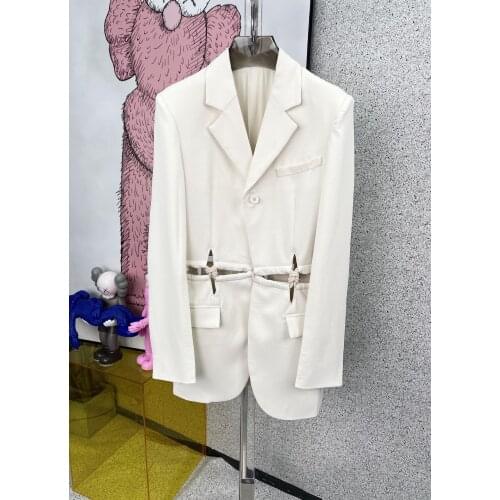 High-quality women 2021 new fashion long-sleeved lapel solid color hollow pleated suit jacket 0329