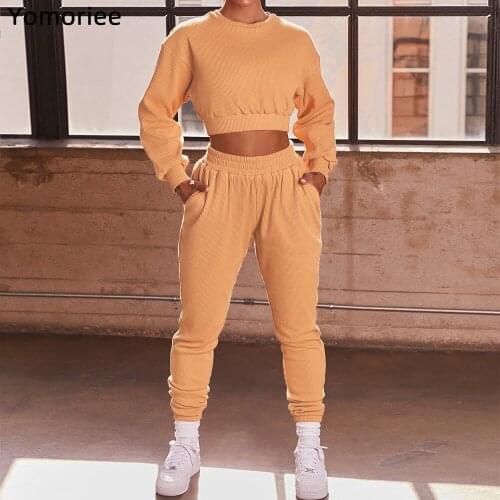 Autumn Winter Womens Leisure Loose Long Sleeve Shirts Crop Top And Trousers Sports Two Piece Suit Fitness Clothing Workout Set