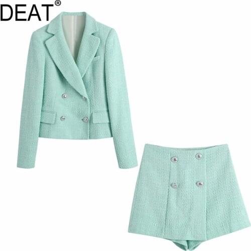 [DEAT] 2021 Spring New Fashion Tide V-neck Double Breasted Long Sleeve Blazer Solid Color Shorts Women Two-piece Suit 13C808
