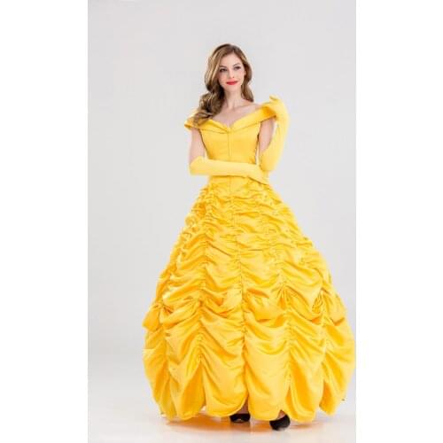 Hight Quality Beauty And The Beast Bell Princess Yellow Long Dress Halloween Royal Court Party Cosplay Queen Costume