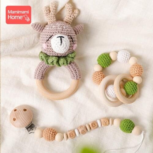 1Pc Baby Wooden Rattles Crochet Giraffe Music Bell Baby Personalized Name Pacifier Chain Teething Bracelets Rodent Newborn Gifts