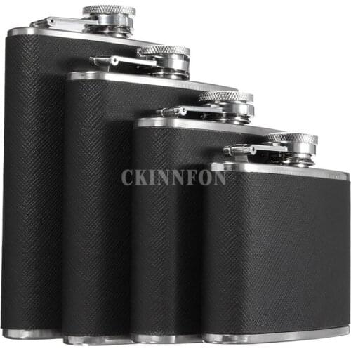 100Pcs/Lot 4oz 5oz 6oz 7oz 8oz Outdoor Anti-slip Black Leather Skin Portable Liquor Wine Whisky Hip Flask Stainless Steel Flagon